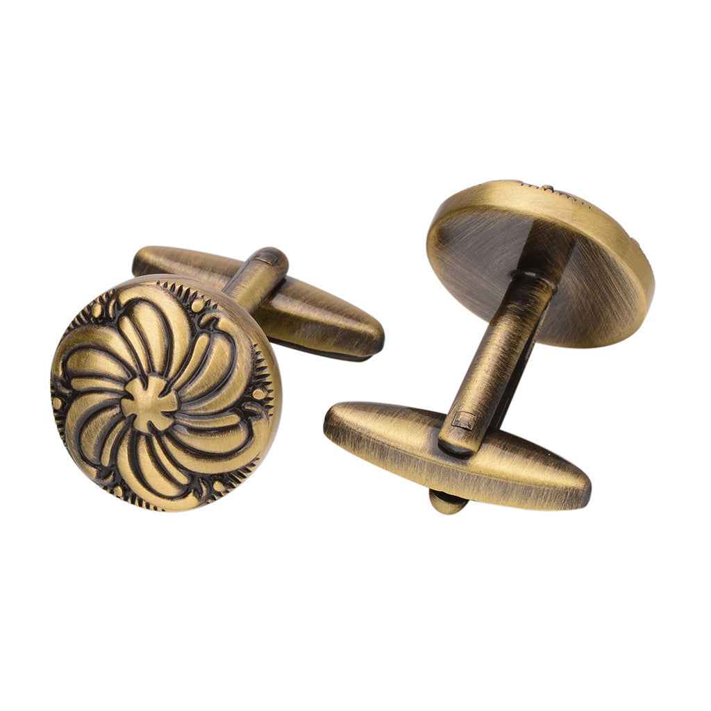 Antique bronze round cufflinks, rear bar and textured floral disc detail