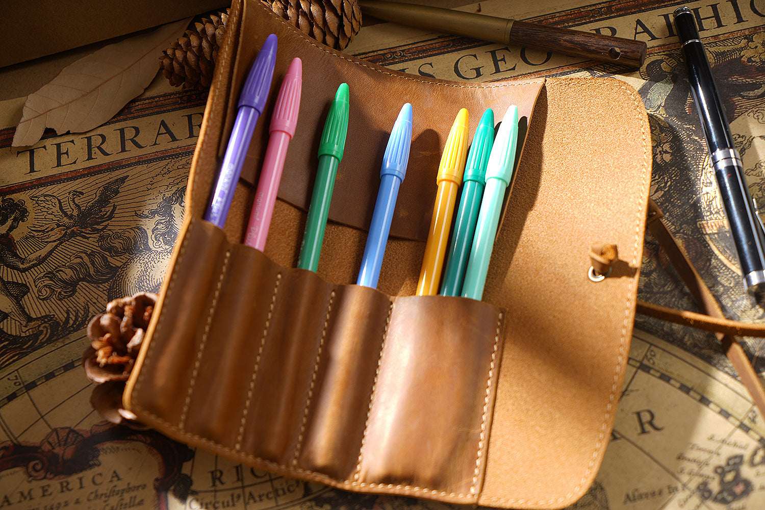 Handmade Genuine Leather Pen Roll Pencil Case Wrap