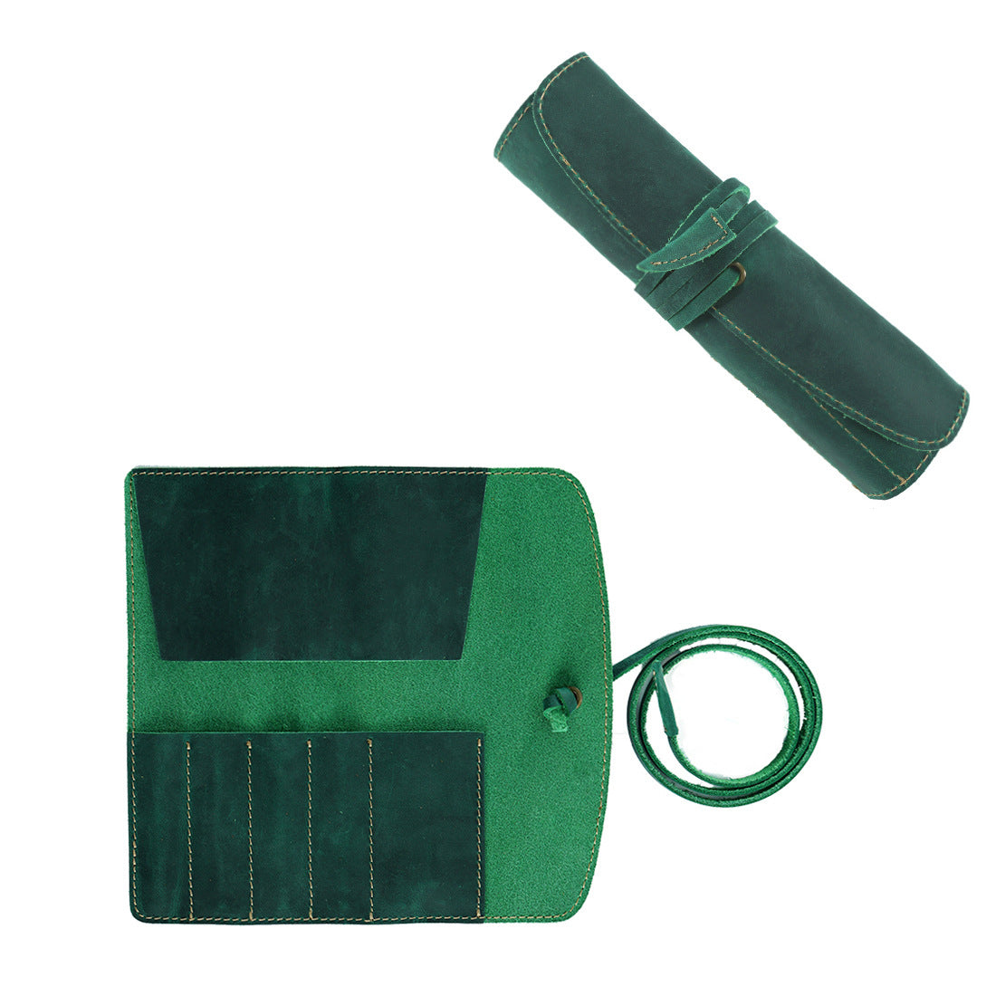Handmade Genuine Leather Pen Roll Pencil Case Wrap Green