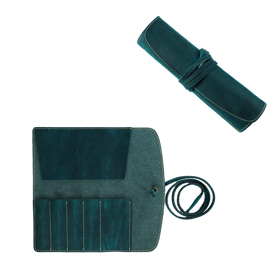 Handmade Genuine Leather Pen Roll Pencil Case Wrap Blue