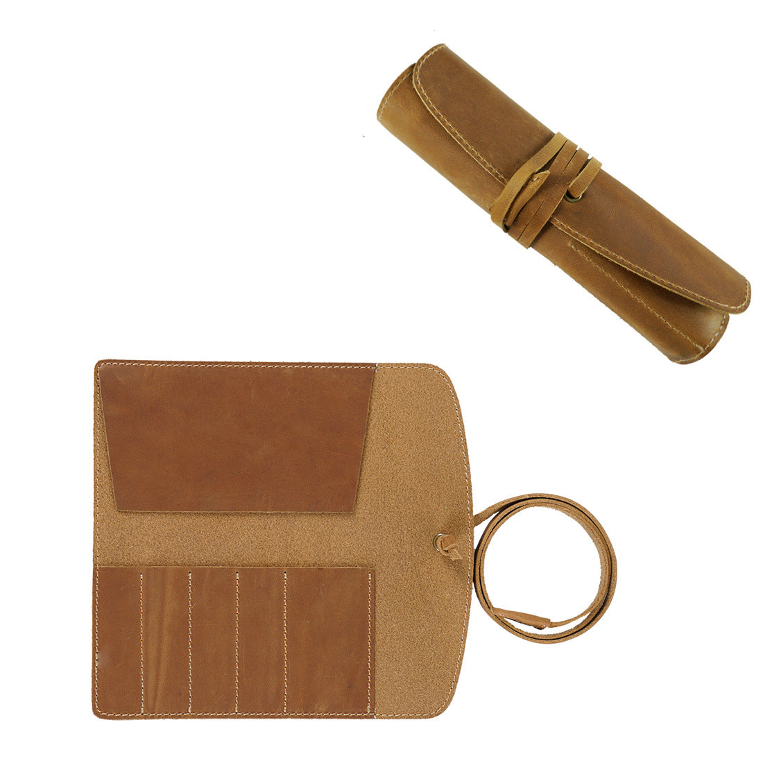Handmade Genuine Leather Pen Roll Pencil Case Wrap Brown