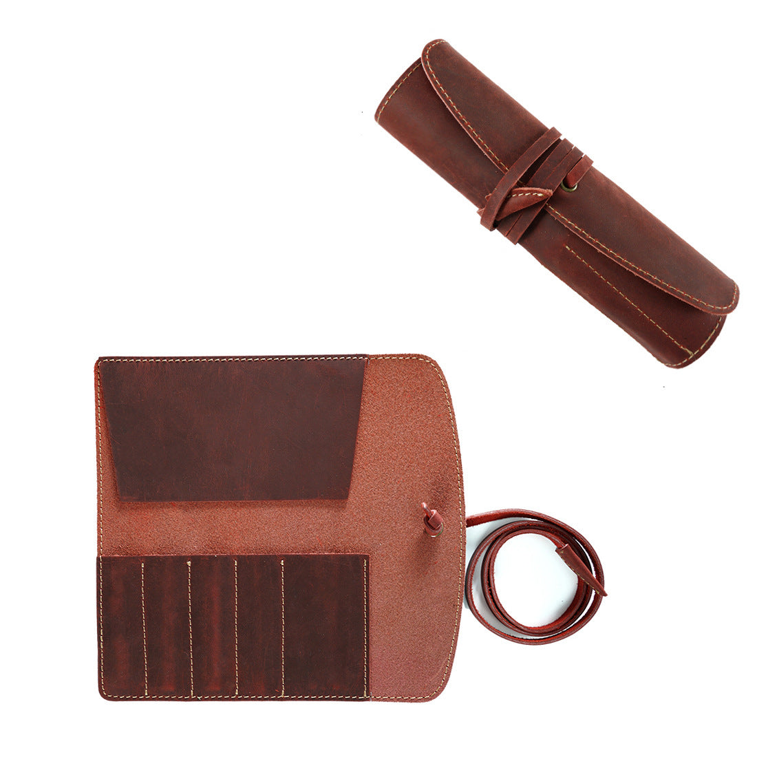 Handmade Genuine Leather Pen Roll Pencil Case Wrap Red