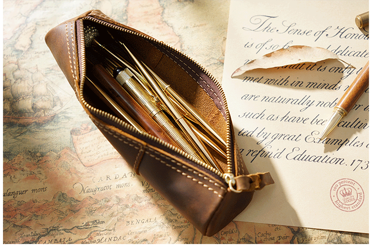 Handmade Vintage Crazy Horse Leather Pencil Case