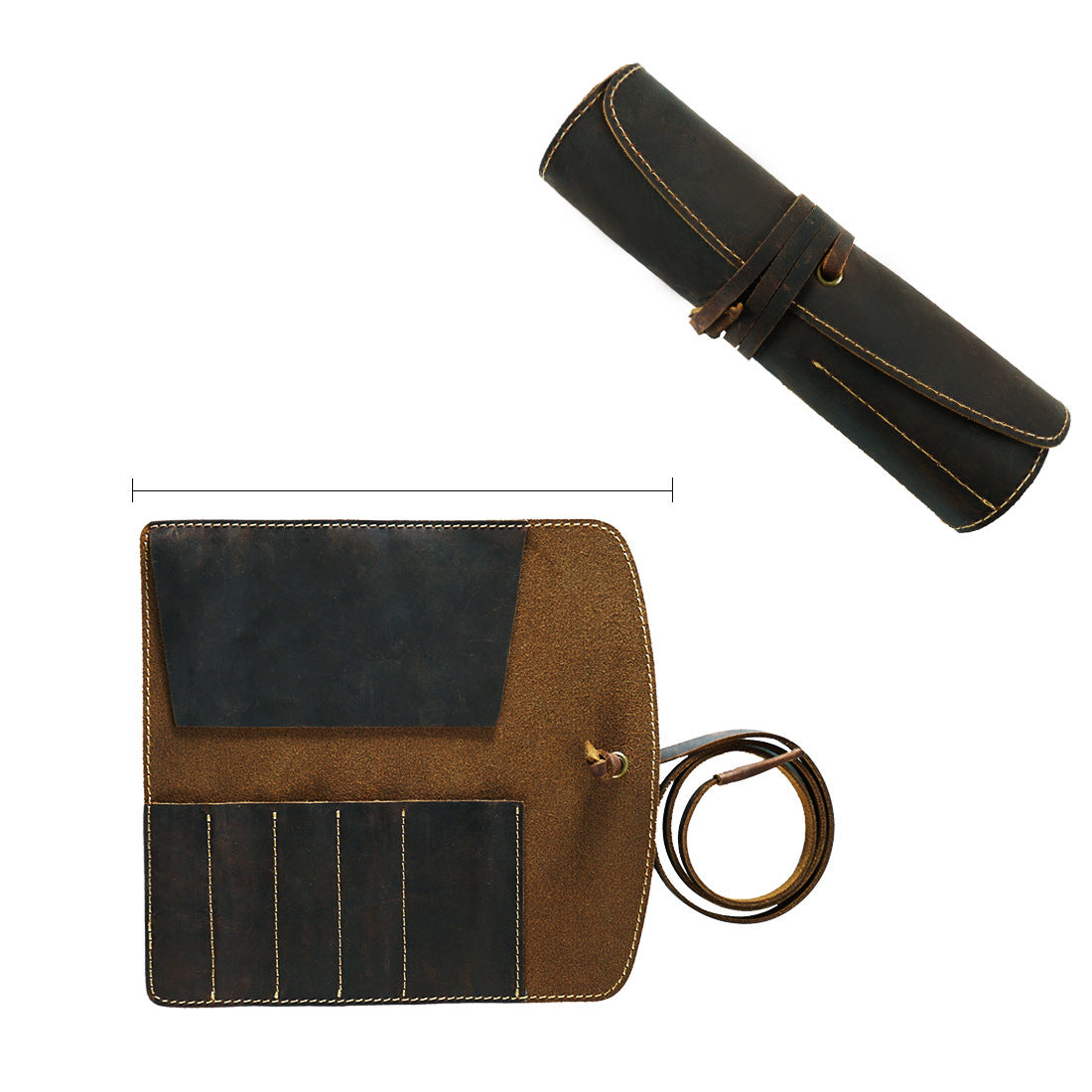 Handmade Genuine Leather Pen Roll Pencil Case Wrap Coffee