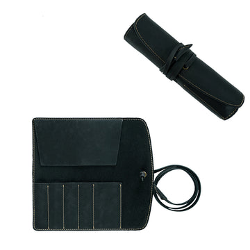 Handmade Genuine Leather Pen Roll Pencil Case Wrap Black
