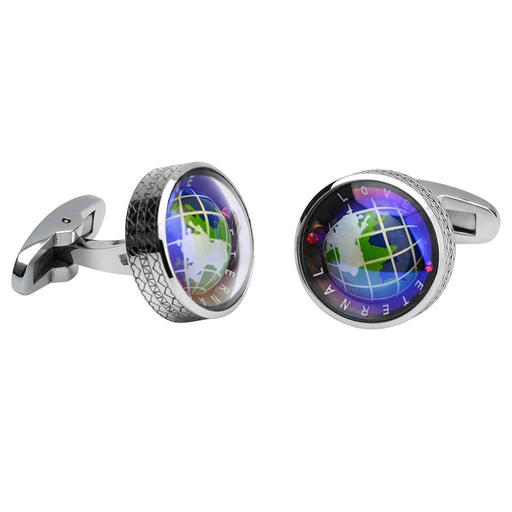 Silver globe cufflinks with textured bezel and swivel back, rotating earth face