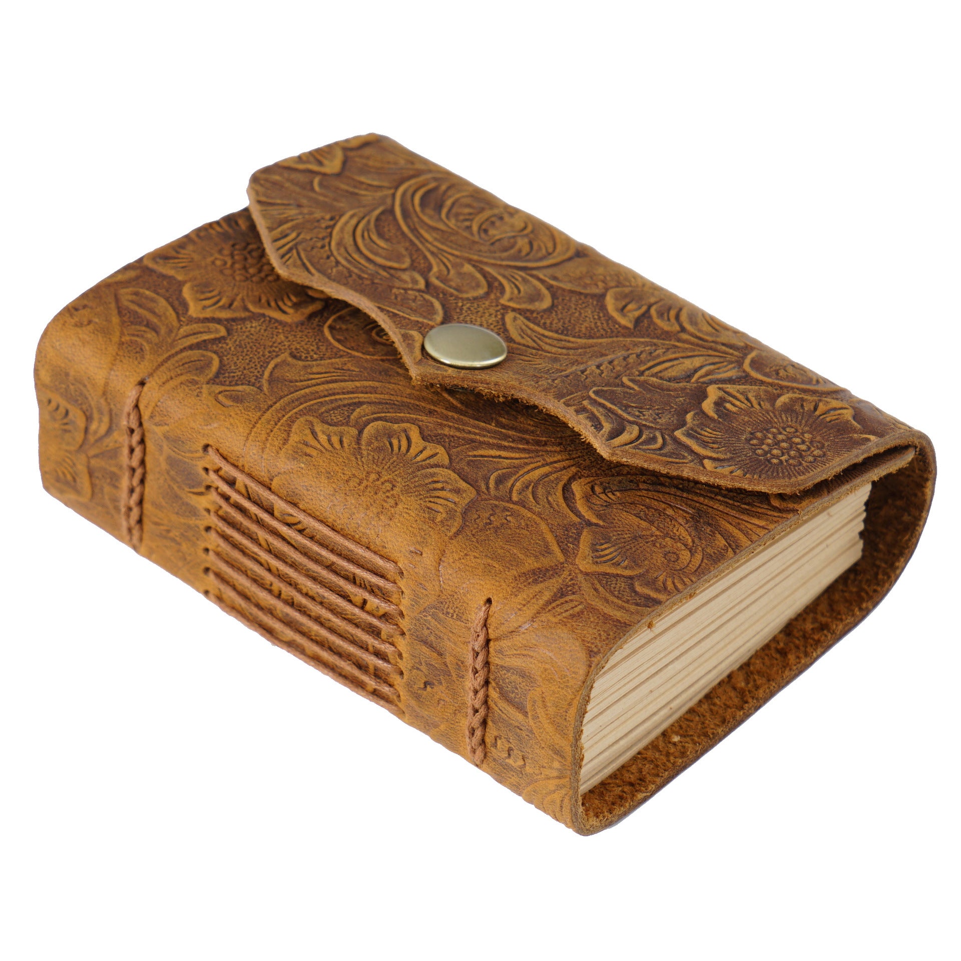 Vintage Full Grain Leather Pocket Journal 320-Page Mini Notebook Flower Brown