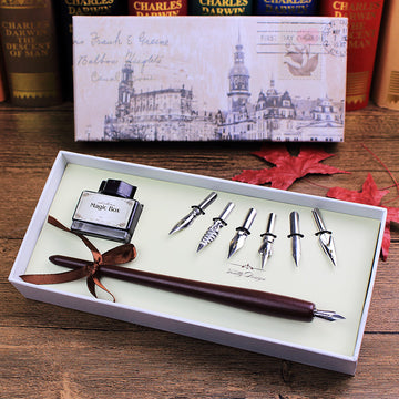 Wooden Dip Pen Calligraphy Quill Pen Ink 6 Nibs Set
