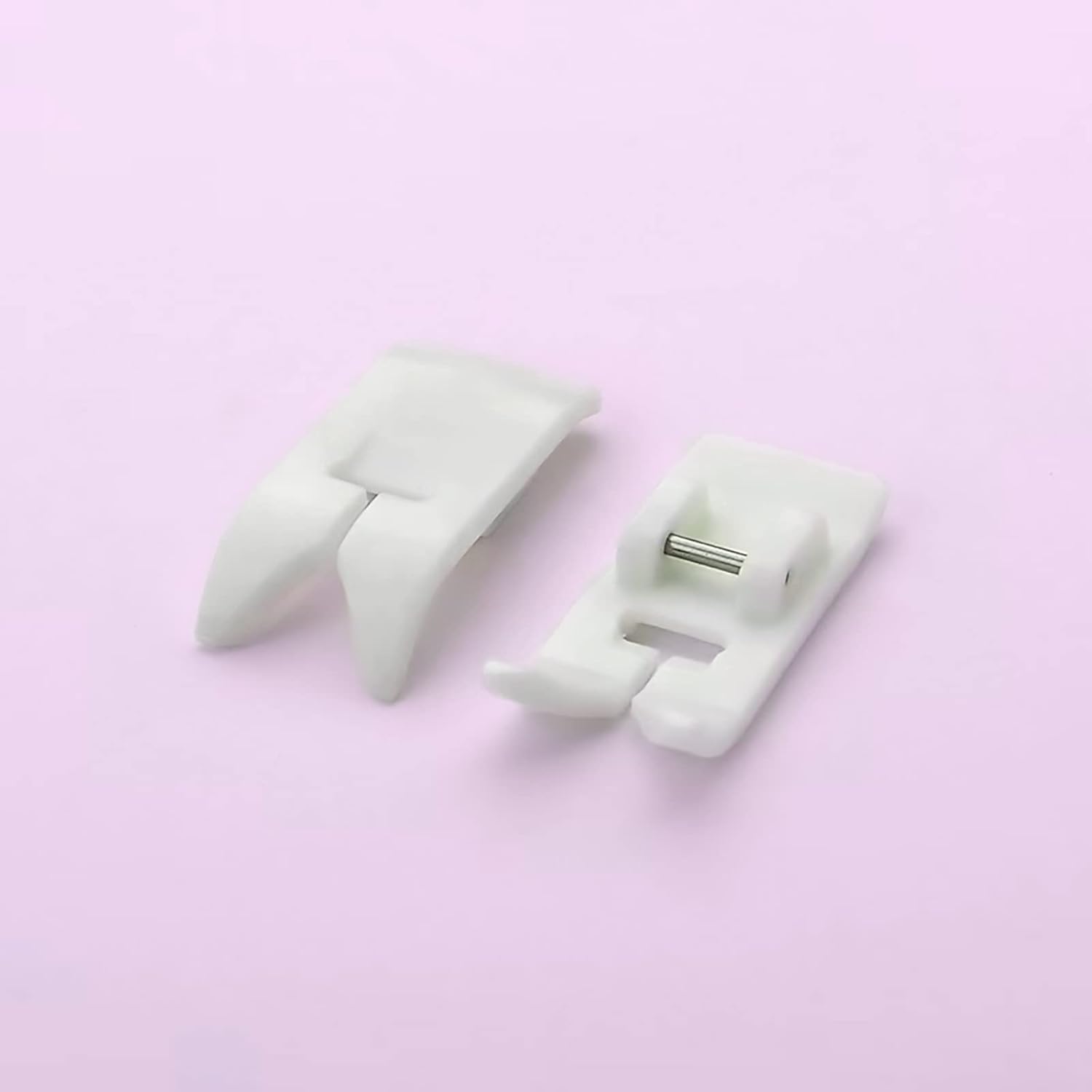 Two white zigzag Teflon snap-on presser feet for low shank sewing machines