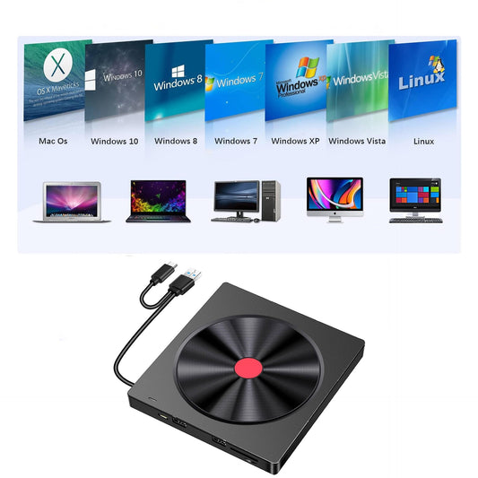 Външно CD/DVD устройство 5 в 1 с четец за SD/TF карти | USB 3.0 и Type-C | Включи и използвай | Универсално за лаптоп и компютър