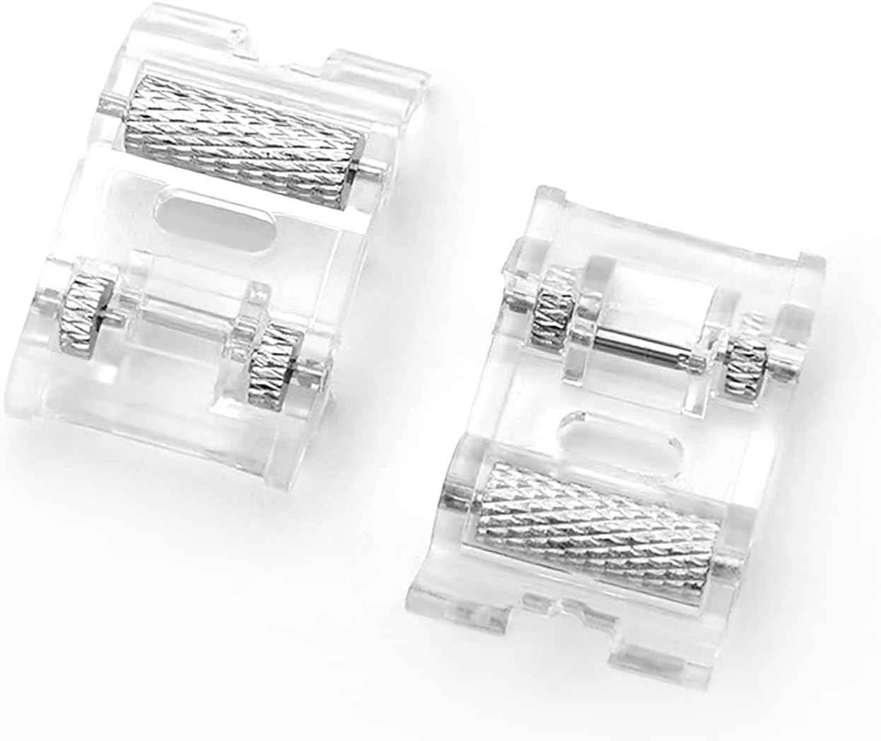 Two clear zigzag roller presser feet with textured Teflon rollers and metal shanks