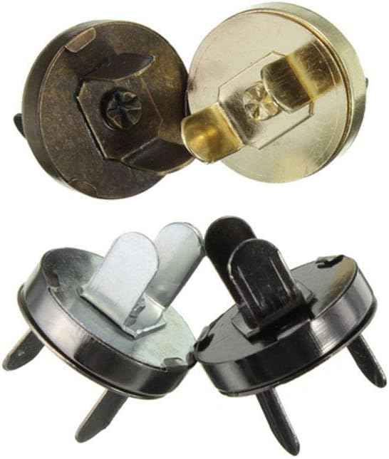 Magnetic snap button fastener components, dark and light plates with concealed clasp posts