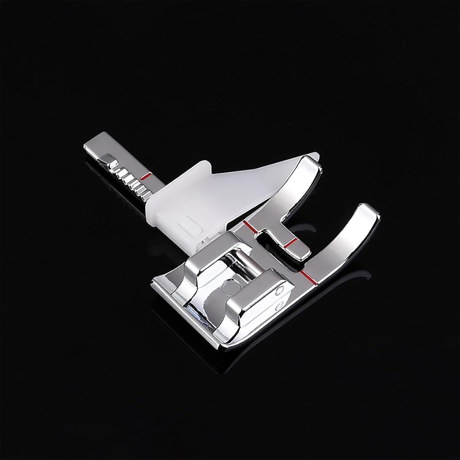 Adjustable guide presser foot set, white plastic guide and shiny metal frame