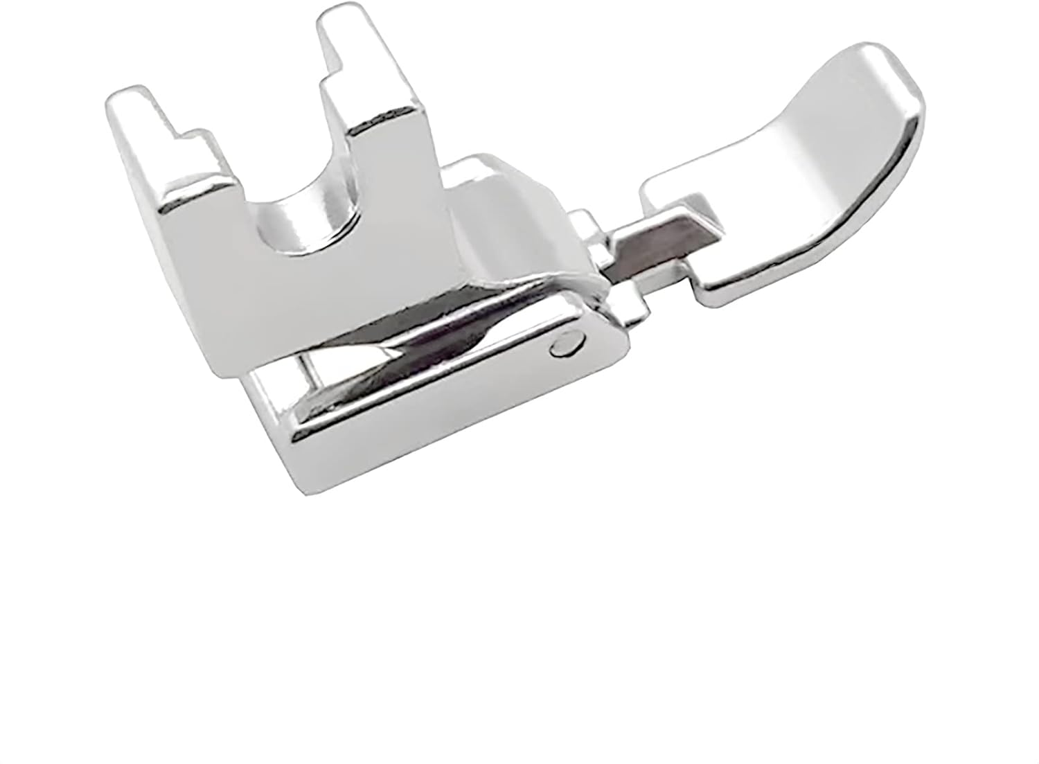 Zipper presser foot, side view with snap-on shank mount and curved needle plate