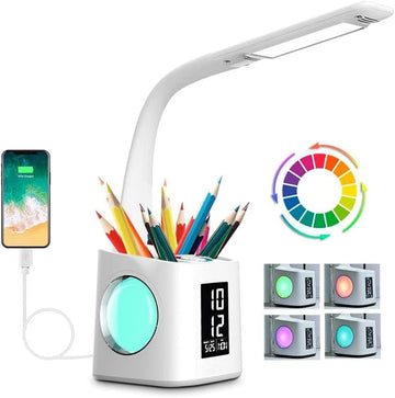 Lampada da scrivania a LED con portapenne, orologio, calendario, ricarica USB e luce RGB