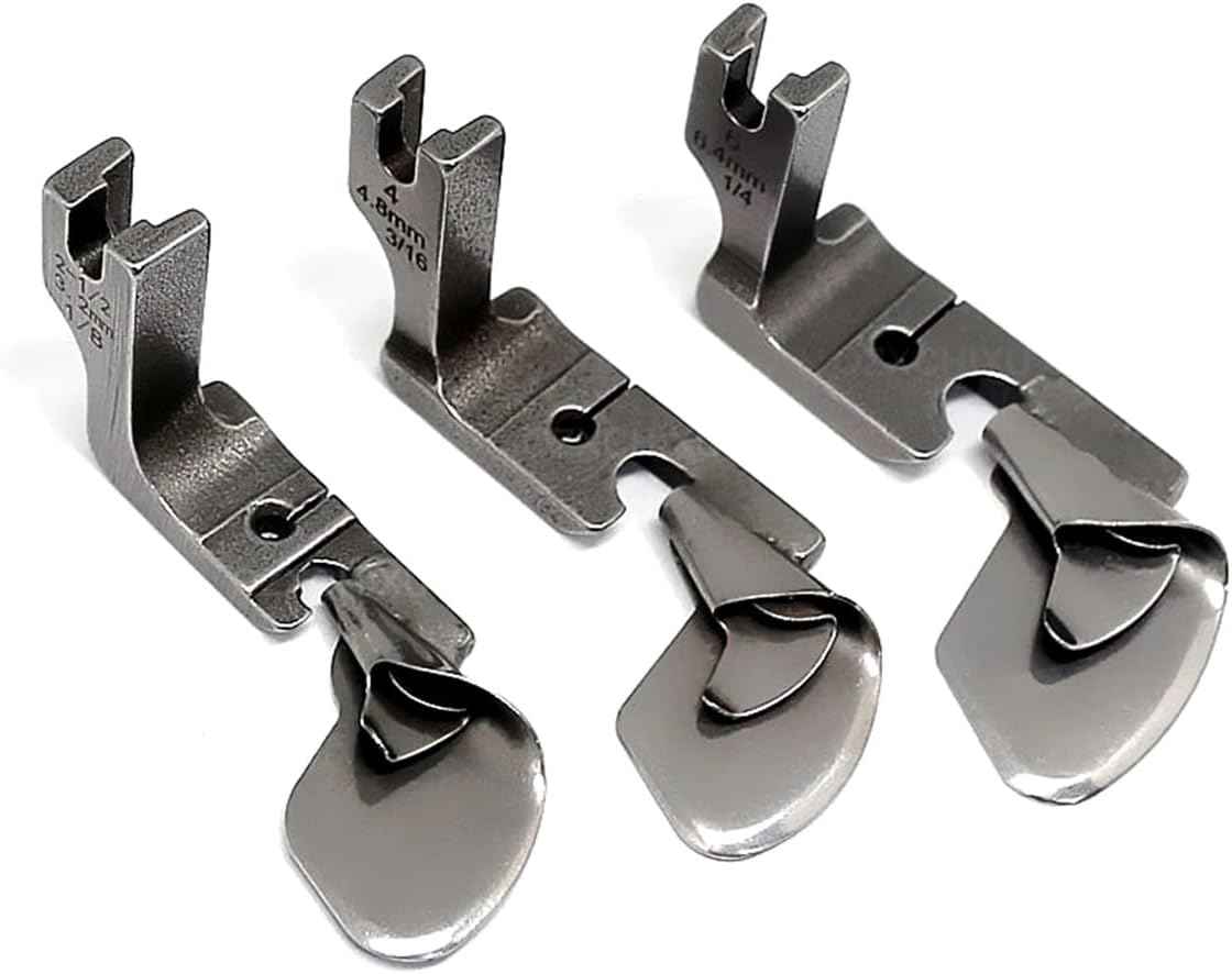 Curved hemming feet for sewing machine, silver metal with different guide widths