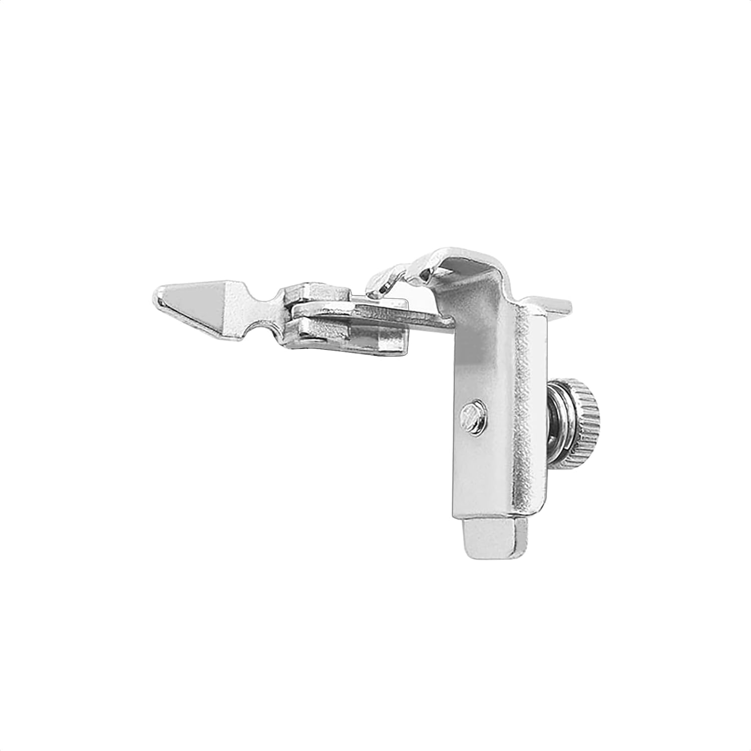 Slant shank zipper presser foot, side view with mounting shank and guide opening