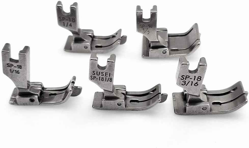 Curved hinged presser feet for industrial sewing, stamped SP-18 and 1/4 markings