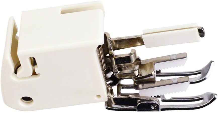 Walking foot presser with white housing and twin guide bar on metal base