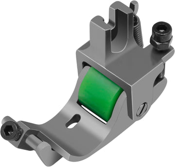 Adjustable edge guide roller presser foot with green guide roller and gray metal body