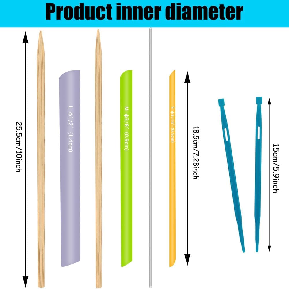 Size diagram of tool set: wooden and colored tubes plus two blue turning tools
