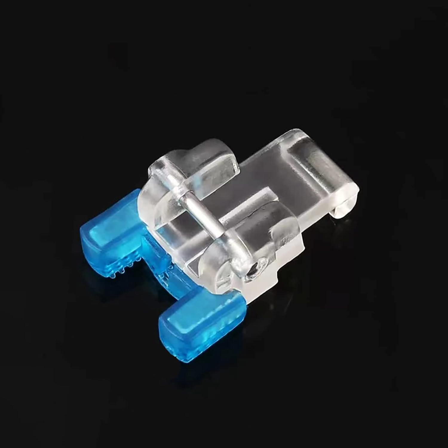 Low-shank snap-on button presser foot, clear metal frame with blue plastic parts