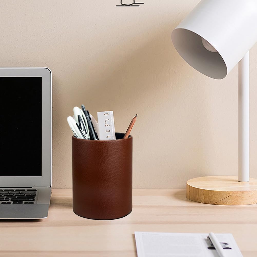 PU Leather Pen Pencil Holder Desk Organizer  (3.3" x 3.3" x 4")
