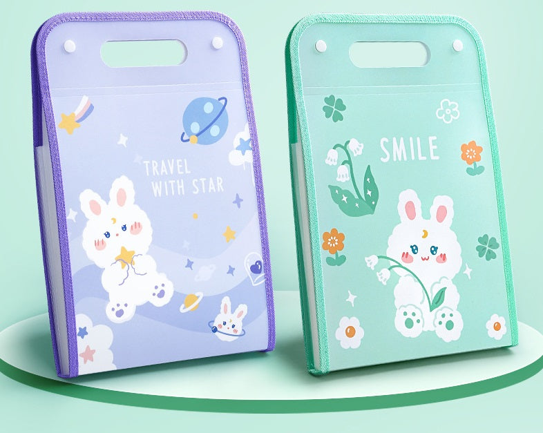 4pcs Cute Rabbit Vertical A4 File Folders with Handle 15 Pockets