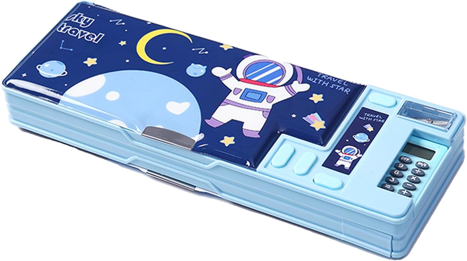 Multifunktionellt pennfodral med miniräknare, pennvässare, ljusblå rymd