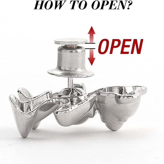 Silver bear button tightener mechanism with open prong clip, close-up