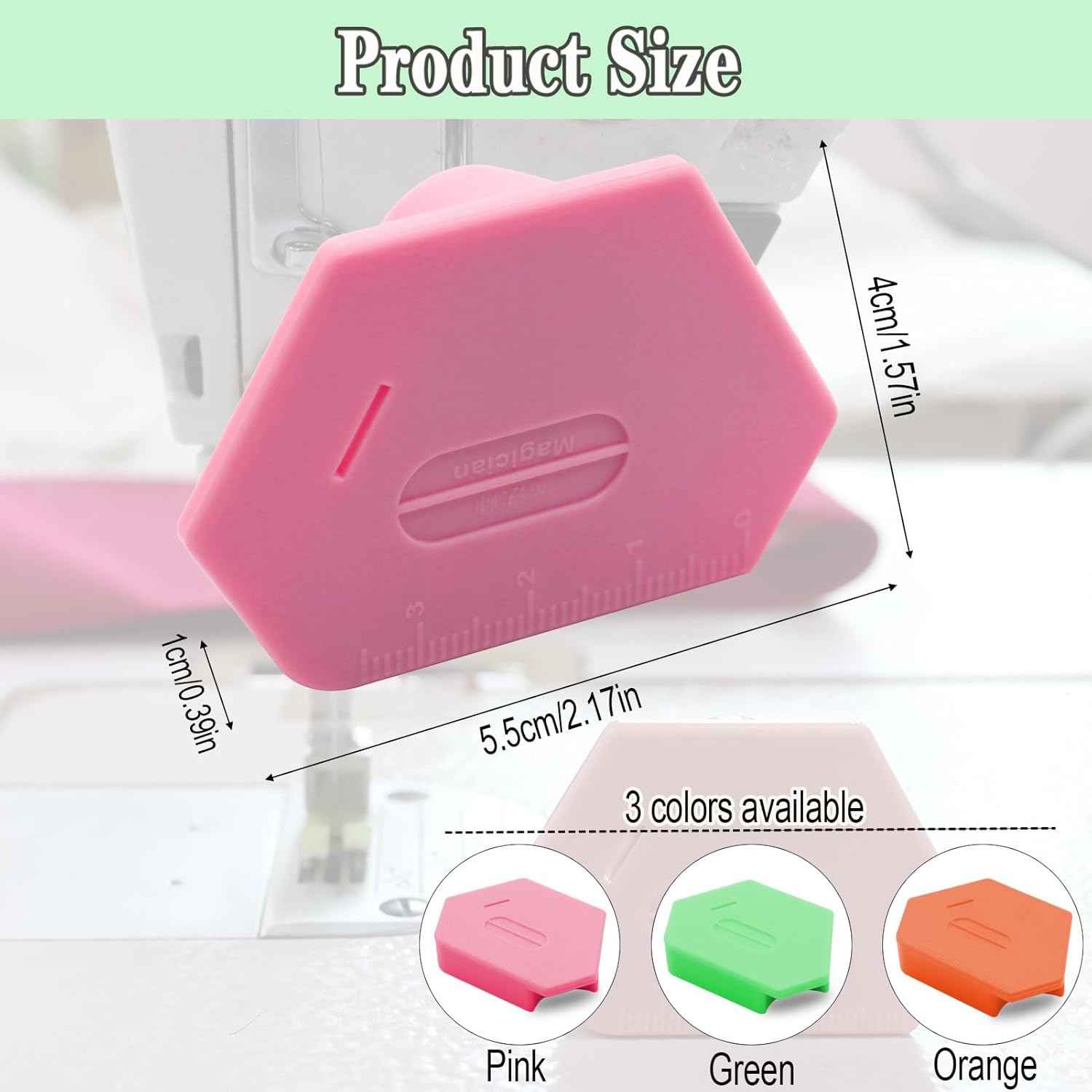 Pink magnetic seam guide with built-in ruler and size dimensions