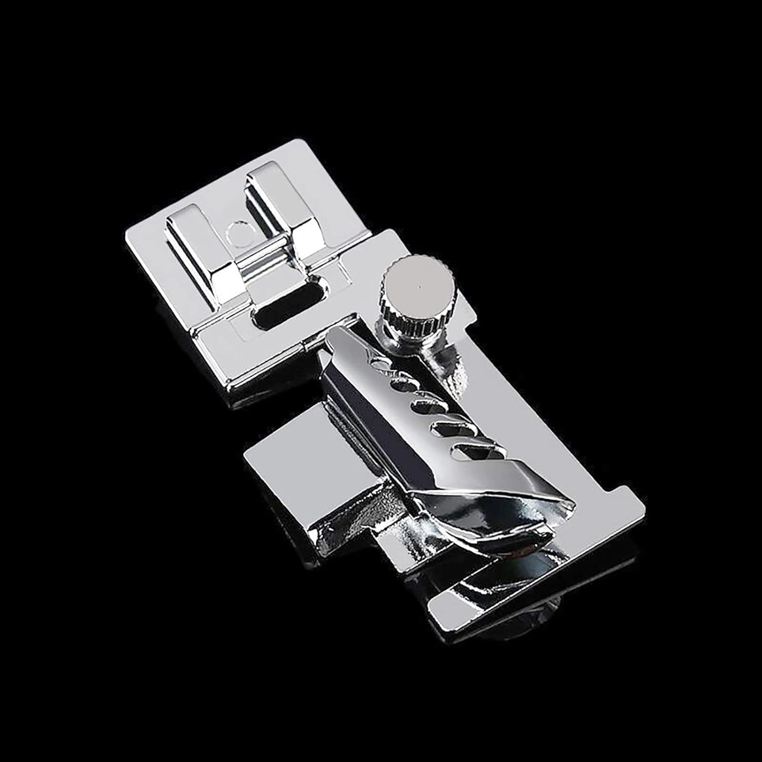 Low-shank snap-on binder presser foot, chrome finish with adjustable guide