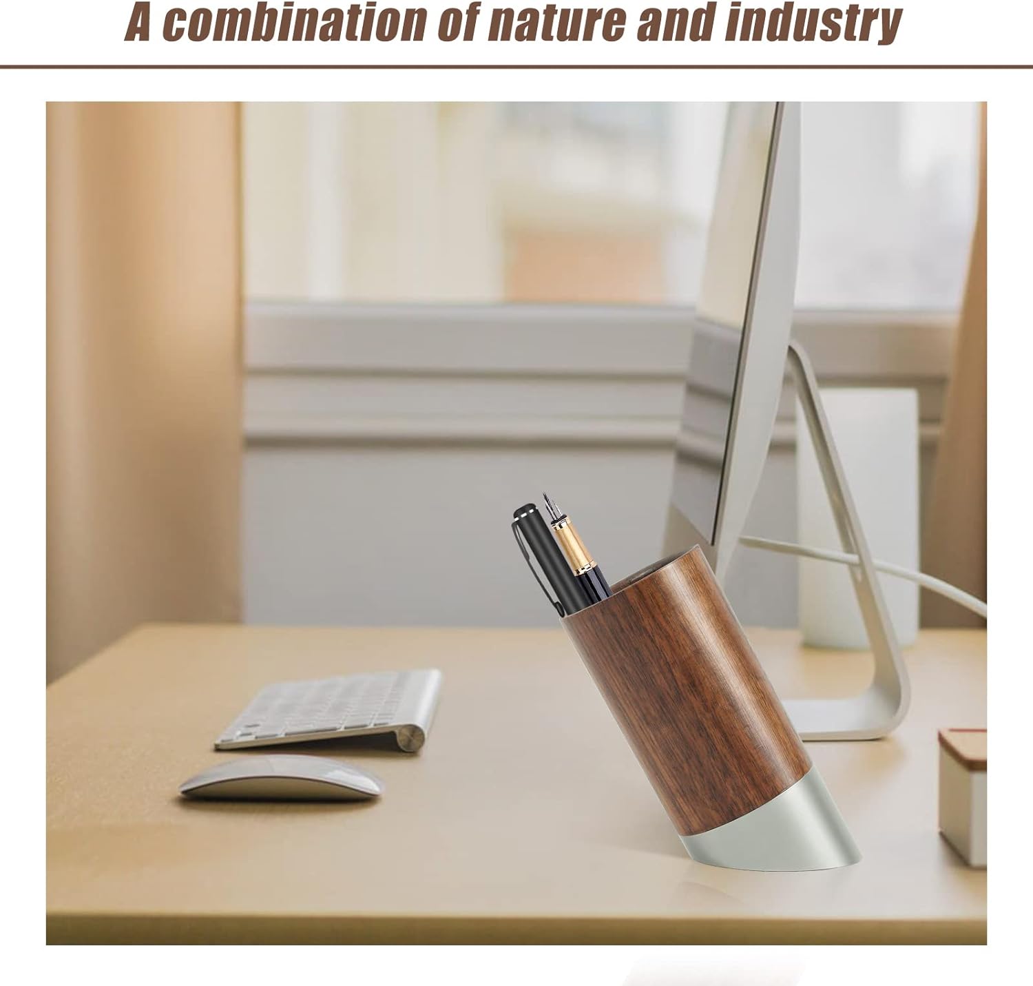 Modern Art Stainless Steel and Walnut Wood Pen Holder