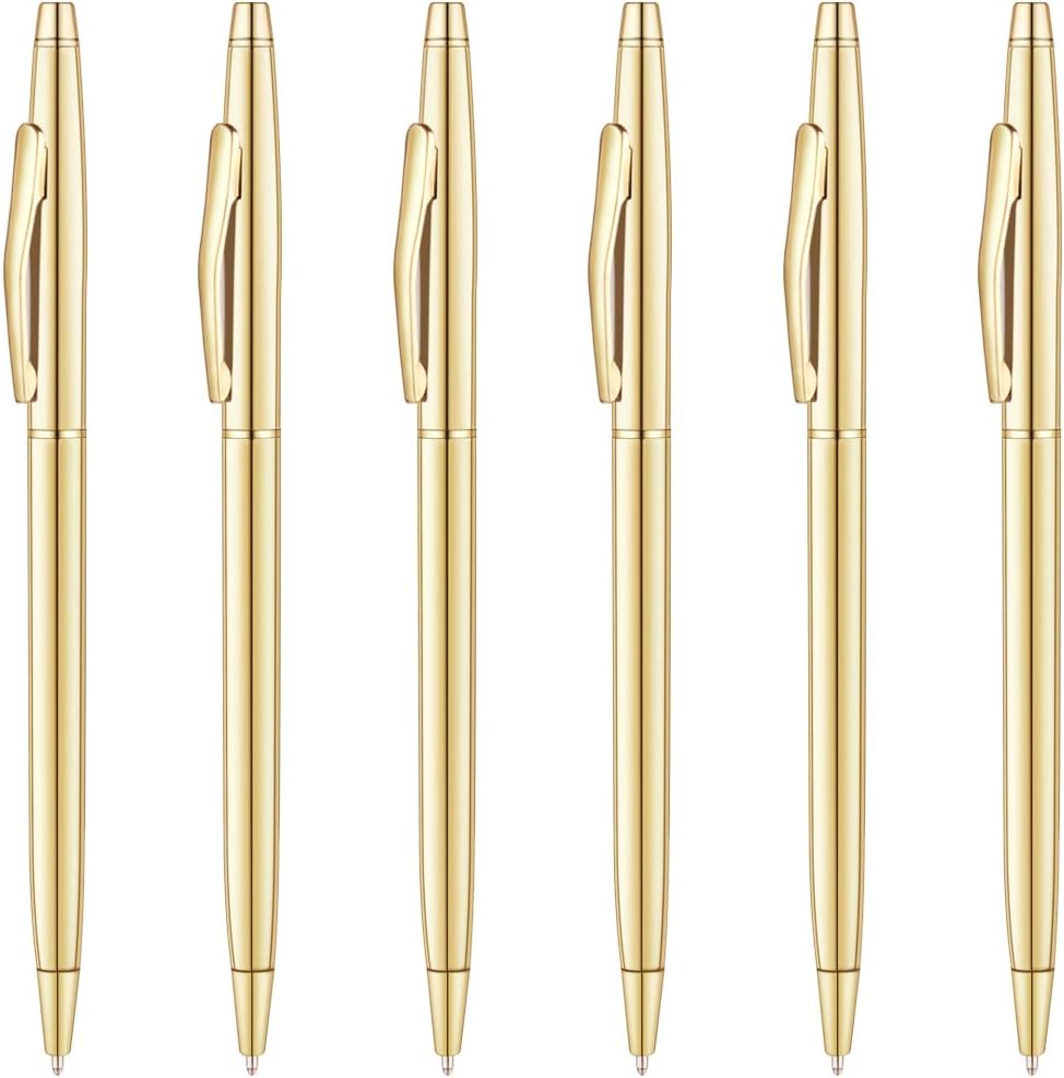 6 Pack Slim Gold Ballpoint Pens Black Ink 1mm
