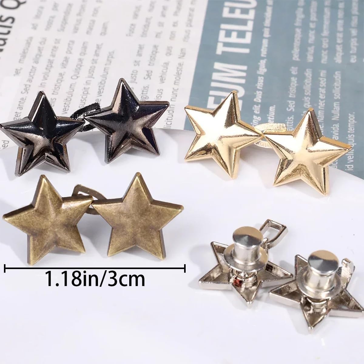 Set of star snap buttons with back posts and caps, gold and silver tones