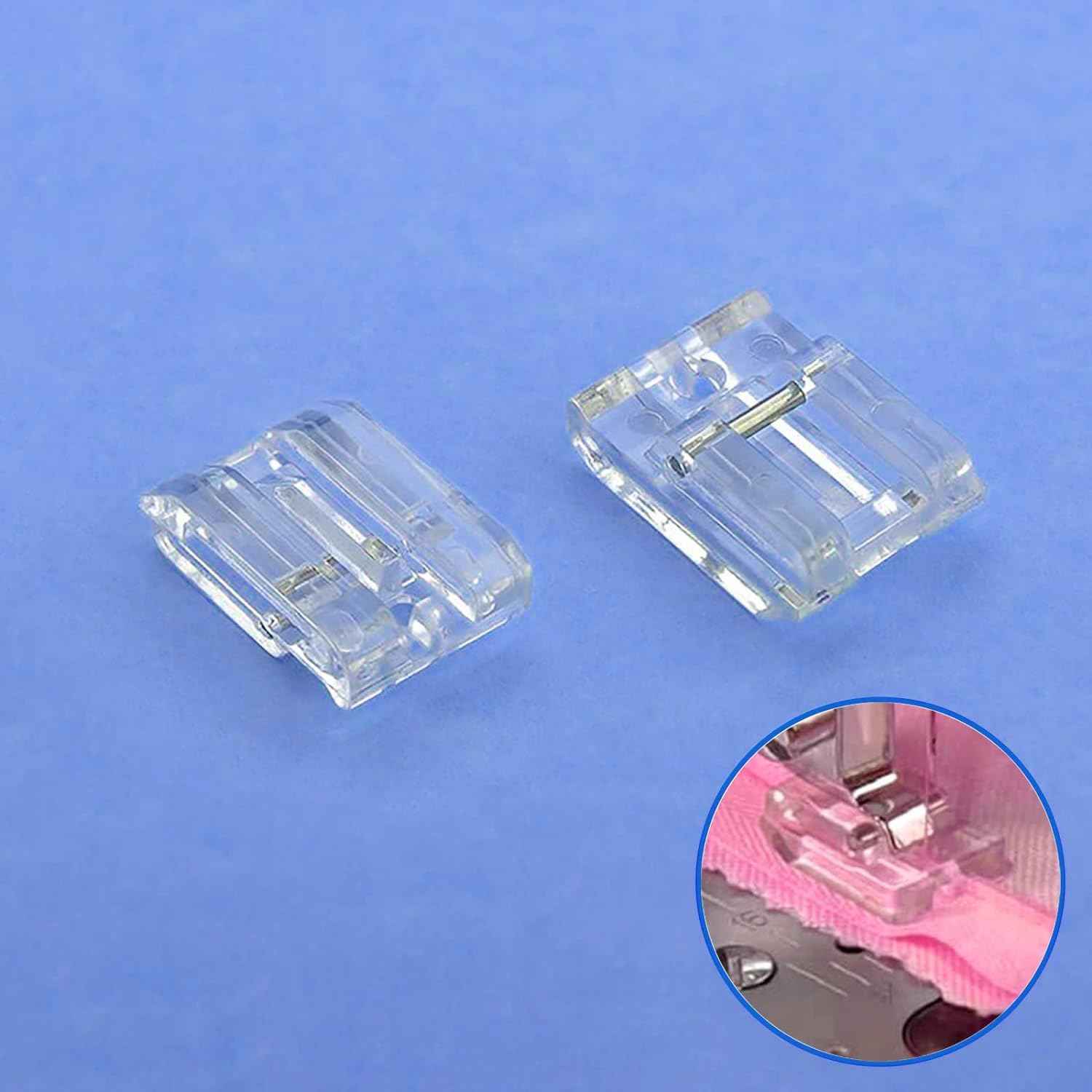 Invisible zipper presser feet, two clear plastic guides with metal needle cutout