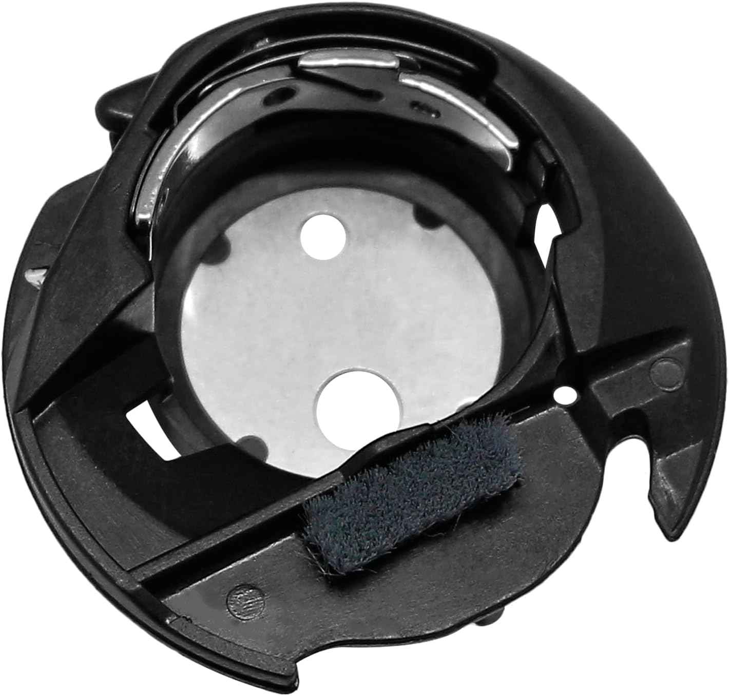 Bobbin case XC3152221, top opening showing silver bobbin race and felt strip