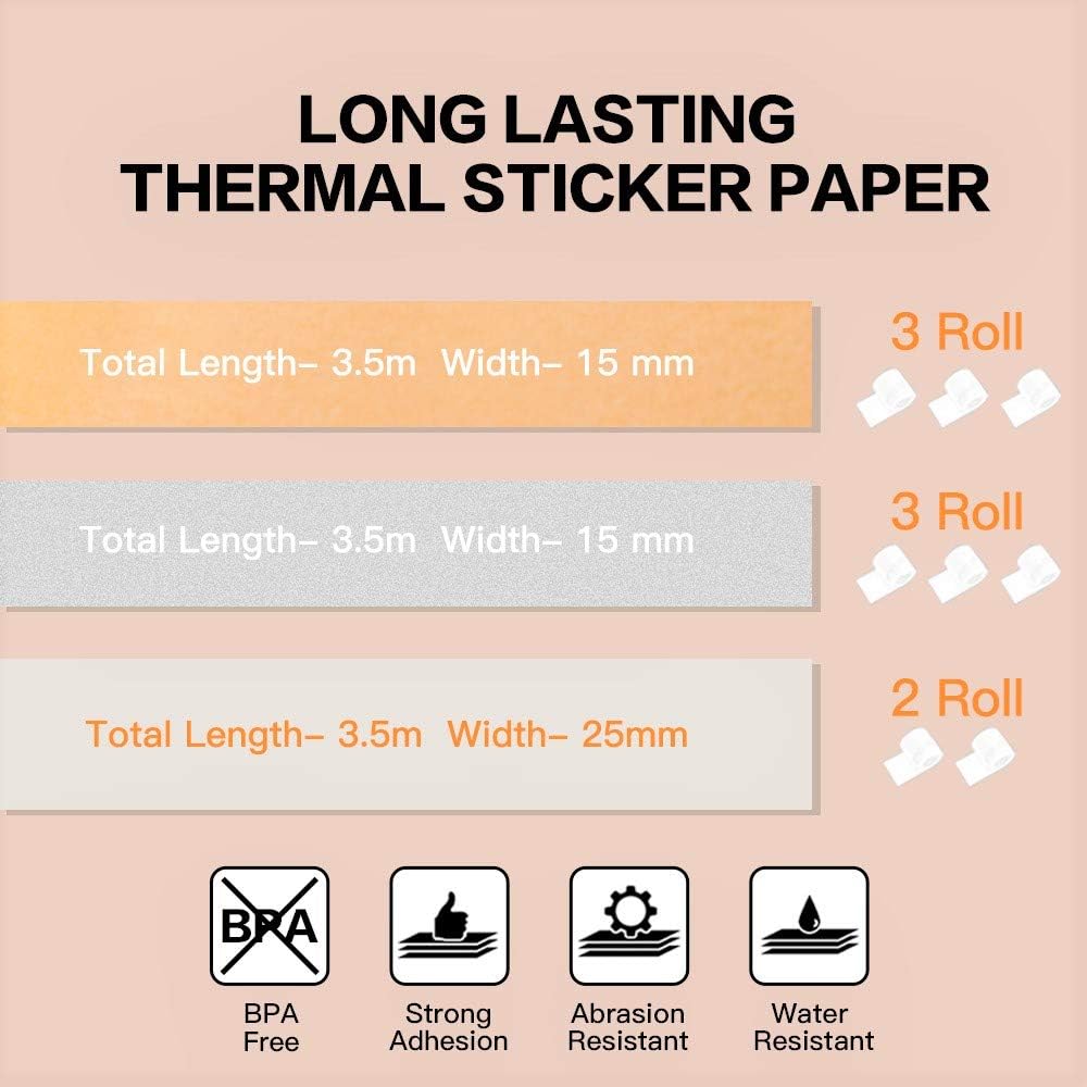 Adhesive Thermal Paper 15mm-25mm for Phomemo M02S Printer 8 Rolls