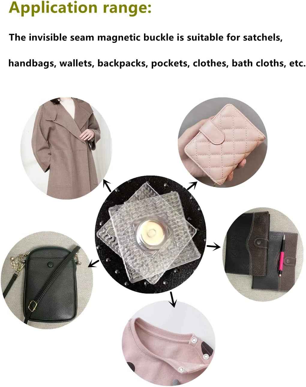 Magnetic snap button application examples on bags, wallets, backpacks, pockets, and clothes