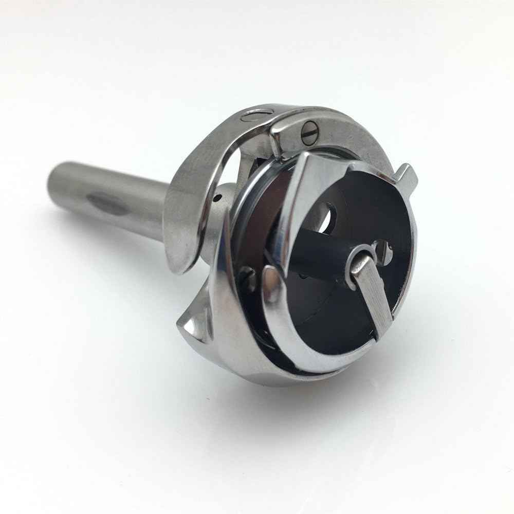Metal sewing machine hook part with central black insert and cylindrical shaft