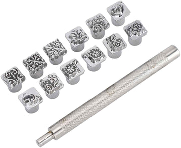 12-pc leather stamping punch set with ornate square heads and steel handle