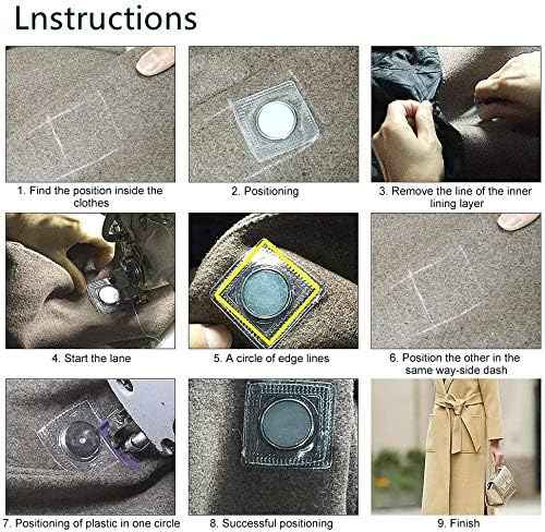 Installation steps diagram for hidden sew magnetic snap buttons showing inner lining placement