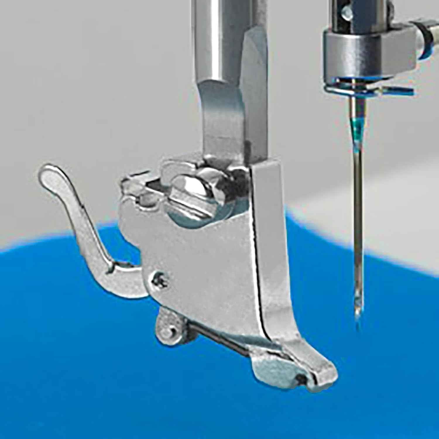 Installed high shank presser foot adapter holder with sewing needle, silver metal