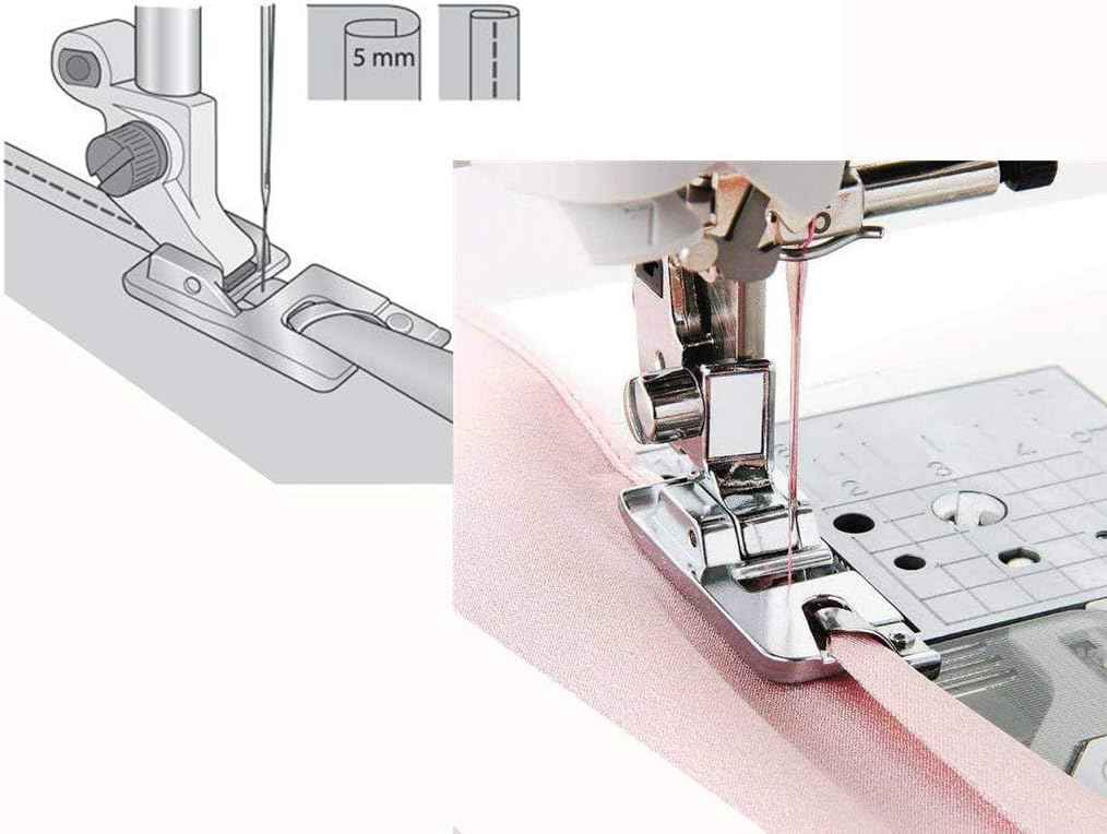 Sewing machine with wide rolled hem presser foot guiding a folded fabric edge