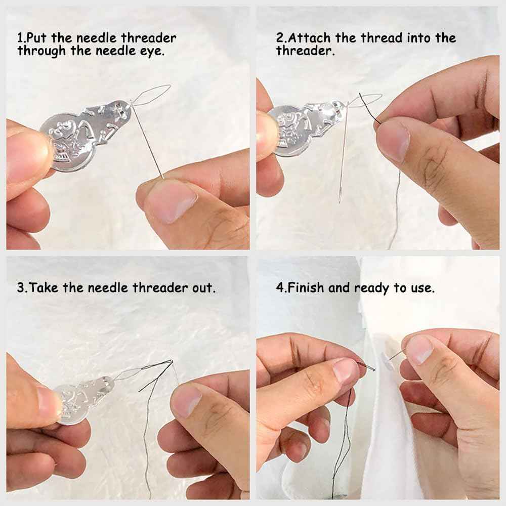Needle threader tool guiding thread through a sewing needle
