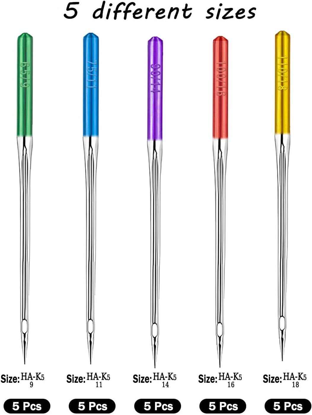 5 sewing machine needles: green 9, blue 11, purple 14, red 16, yellow 18