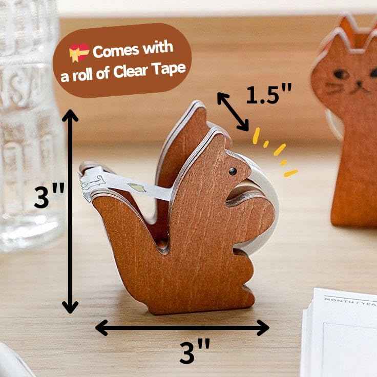 Wooden Squirrel Clear Tape Dispenser for Office & School Desktop