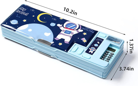 Multifunktionellt pennfodral med miniräknare, pennvässare, ljusblå rymd