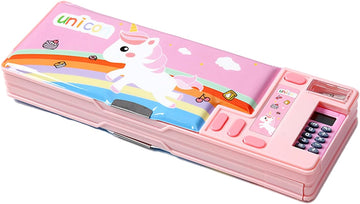 Multifunktionellt pennfodral med miniräknare, pennvässare, rosa enhörning