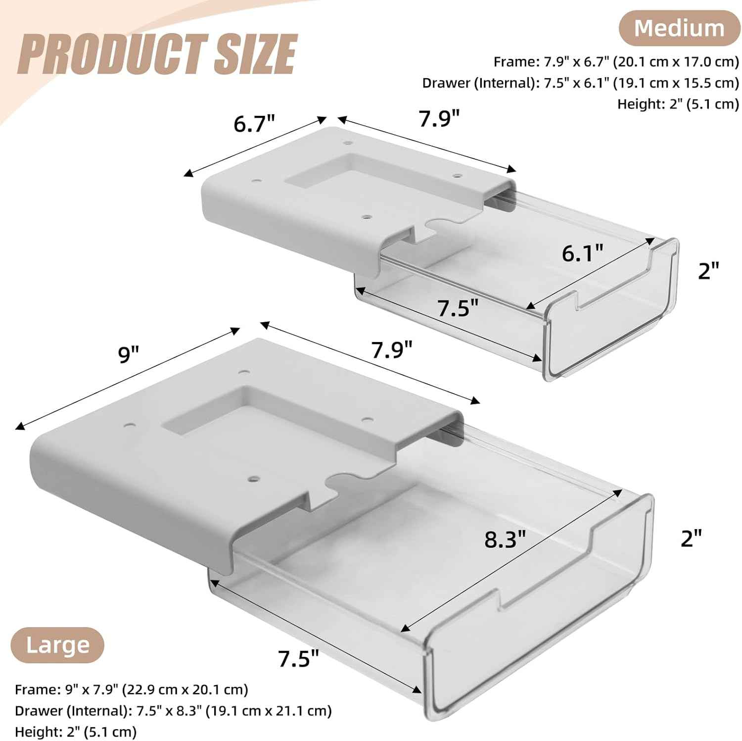 2 Pack Under Desk Storage Drawers Slide Out-Drill-On or Self-Adhesive